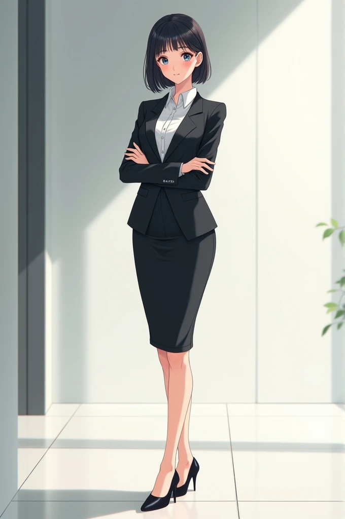 Anime girl in a business suit with heels in a standing pose