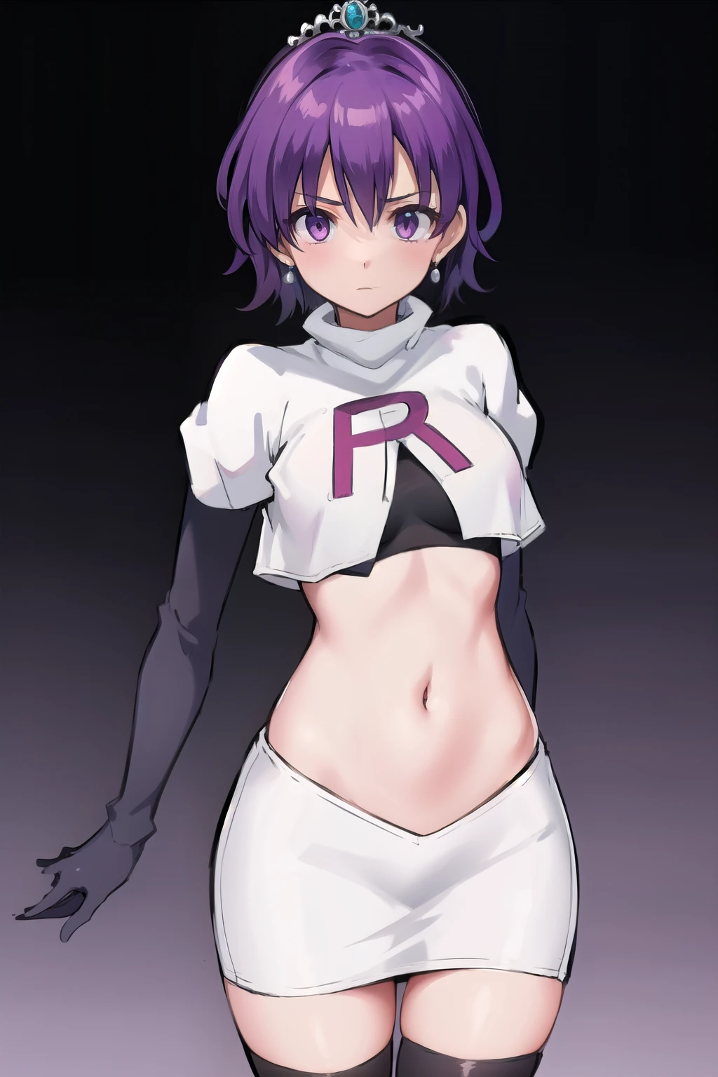 best quality, (masterpiece:1.2), illustration, absurdres,
(1girl, solo), (beautiful detailed girl), 
Klaudia von Auslese, purple_hair, short_hair, purple_eyes, small_breasts, timid, (shy:0.8),
jewelry, earrings, silver tiara, team rocket,team rocket uniform,white skirt,red letter R,crop top,black thigh-highs,black elbow gloves, looking at viewer,
