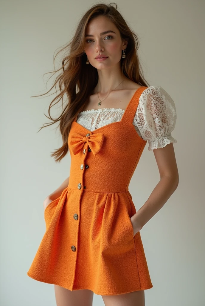 European female model wearing short orange tweed dress with lace blouse underneath and bow 