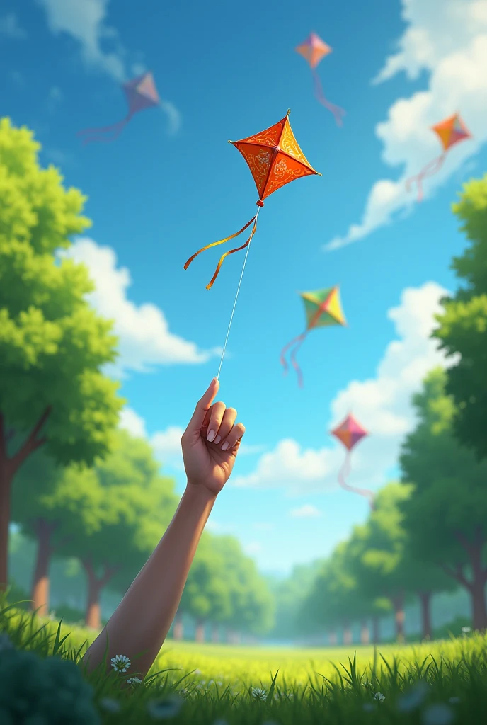 A person flying a kite in a park, You can only see his hand, with more people flying kites around, but realistic 
