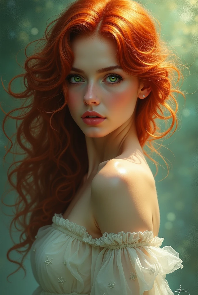 A woman of approximately 2. Her hair is red and wavy. has outlined curves. Your eyes are emerald green.