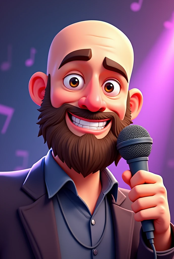 Cartoon de Homem barba media, shaved head, with microphone in hand