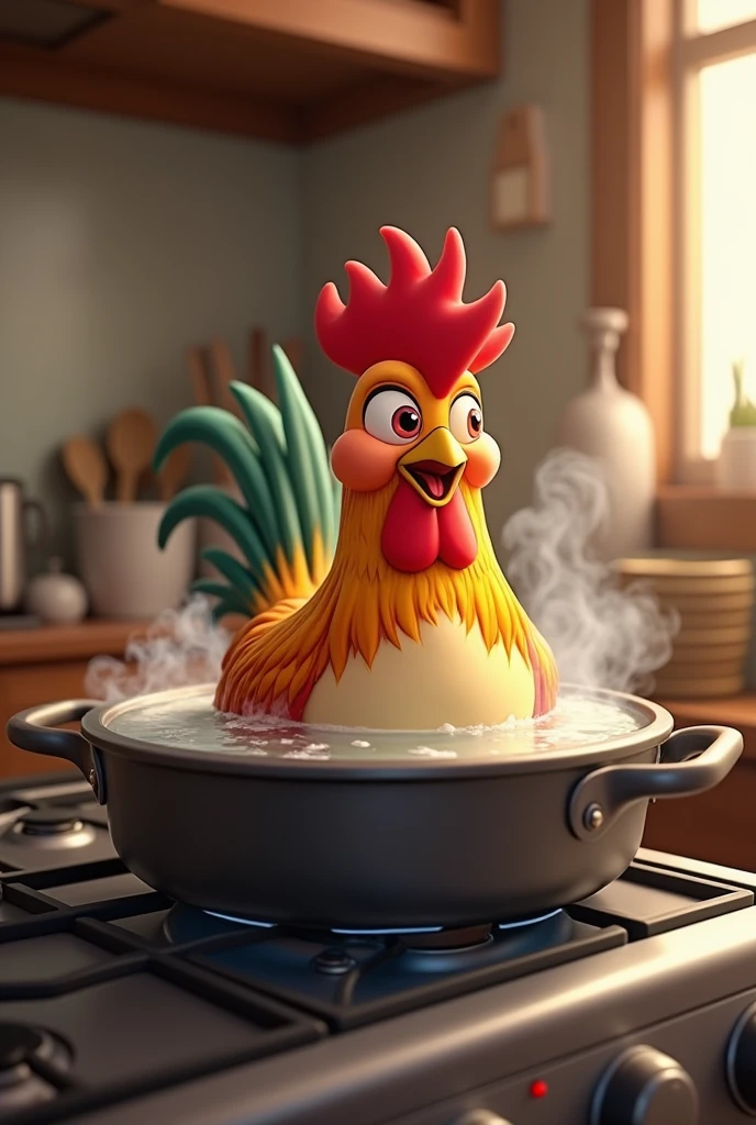 A 3d anime photo, of a live rooster, taking a bath inside a pan on the stove.
Written:
MADUREIRA RESTAURANT 
