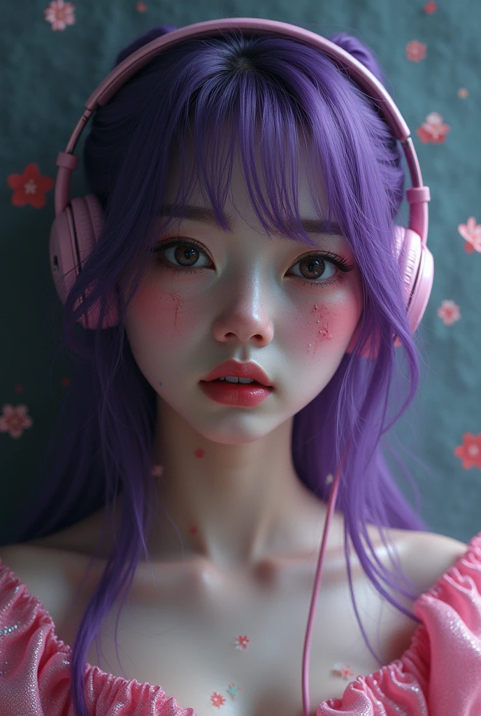 Korean purple hair butterfly woman with headphone and pink glitter dress crying with bruises on face and name behind sad children realistic human