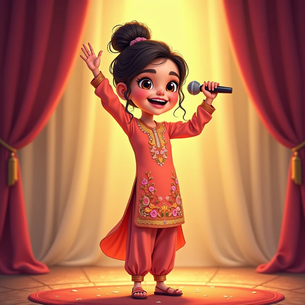 Lily, (highest quality, 4k, masterpiece:1.3), A young Pakistani Muslim girl wearing a traditional shalwar kameez with floral embroidery. Her hair is styled in a neat bun with loose strands framing her face. She stands confidently, holding the microphone with one hand, both hands raised joyfully, as if celebrating. The image is in a 2D animation style, with bright colors, cartoonish features, and soft, smooth shading. The background shows soft curtains, warm stage lighting, and a playful, joyful atmosphere. Clear outlines, simple textures, and an illustrated, digital painting look.