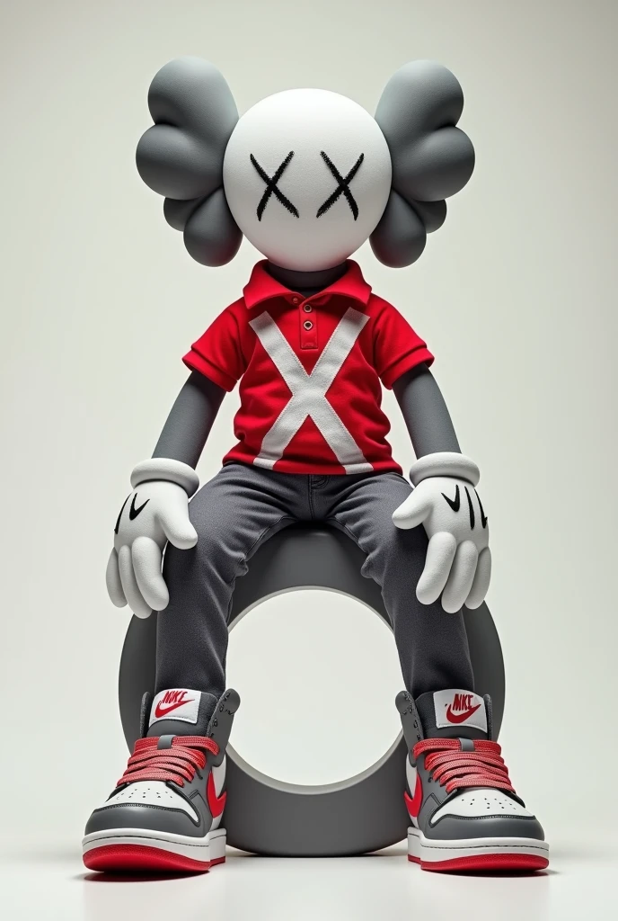 A shot of a gray Kaws style plushie of a seated figure with one leg raised. The figure is sitting sideways and has a large X on the chest. He is dressed in a red and white polo shirt and a pair of Nike sneakers. The background is simple. Sentado encima de la letra "o"mirando hacia la derecha en posición de lado
