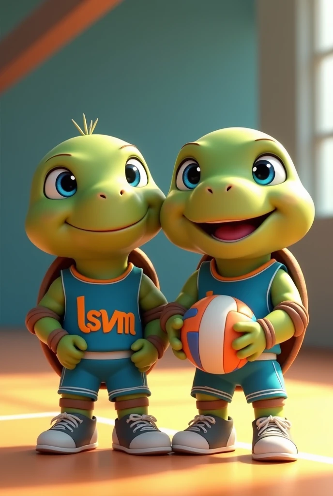 Waku and Tina, are adorable age turtles with vibrant green skin and a rich brown shell, look up with bright blue eyes that shine with excitement, as if celebrating a triumphant spike, they stand on a modern indoor volleyball court, prepared to training volleyball, wearing a small blue sleeveless t-shirt with a stylized orange "lsvm" logo on the chest, her tiny tennis shoes laced up and ready for the next serve with a volleyball in her hands, capturing the essence of its cheerful and competitive spirit, with soft, warm lighting casting a comforting glow on the overall scene.