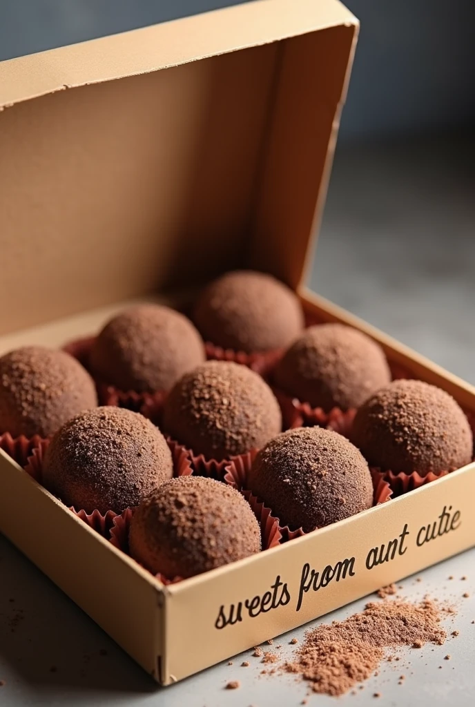 Draw a picture of several brigadeiros in a box the size of a pizza box with the words written on top "sweets from aunt cutie" 