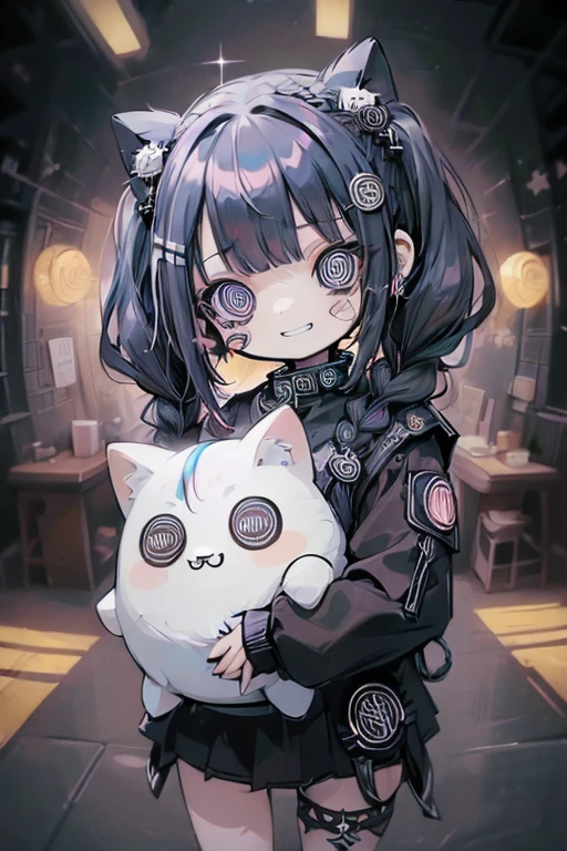 (Stickers:1.4)，16K,best quality, masterpiece)，alone, One ***********(cute, cute,Small child,smile,Hair is floating,Hair Color Cosmic,Twin tail braids,,Eye color is cosmic,Shining Eyes,Big eyes,Damaged clothing,Heavy Metal Costume,Grin),background(Simple,Monotony),Bruises and gestures，