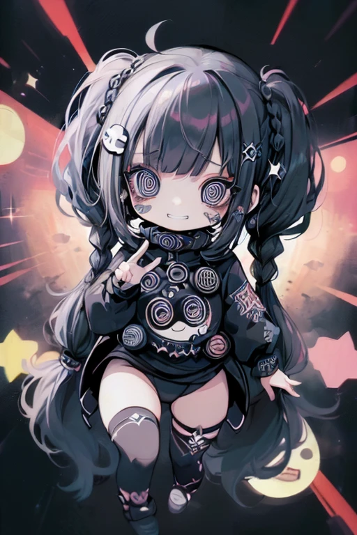 (Stickers:1.4)，16K,best quality, masterpiece)，alone, One ***********(cute, cute,Small child,smile,Hair is floating,Hair Color Cosmic,Twin tail braids,,Eye color is cosmic,Shining Eyes,Big eyes,Damaged clothing,Heavy Metal Costume,Grin),background(Simple,Monotony),Bruises and gestures，