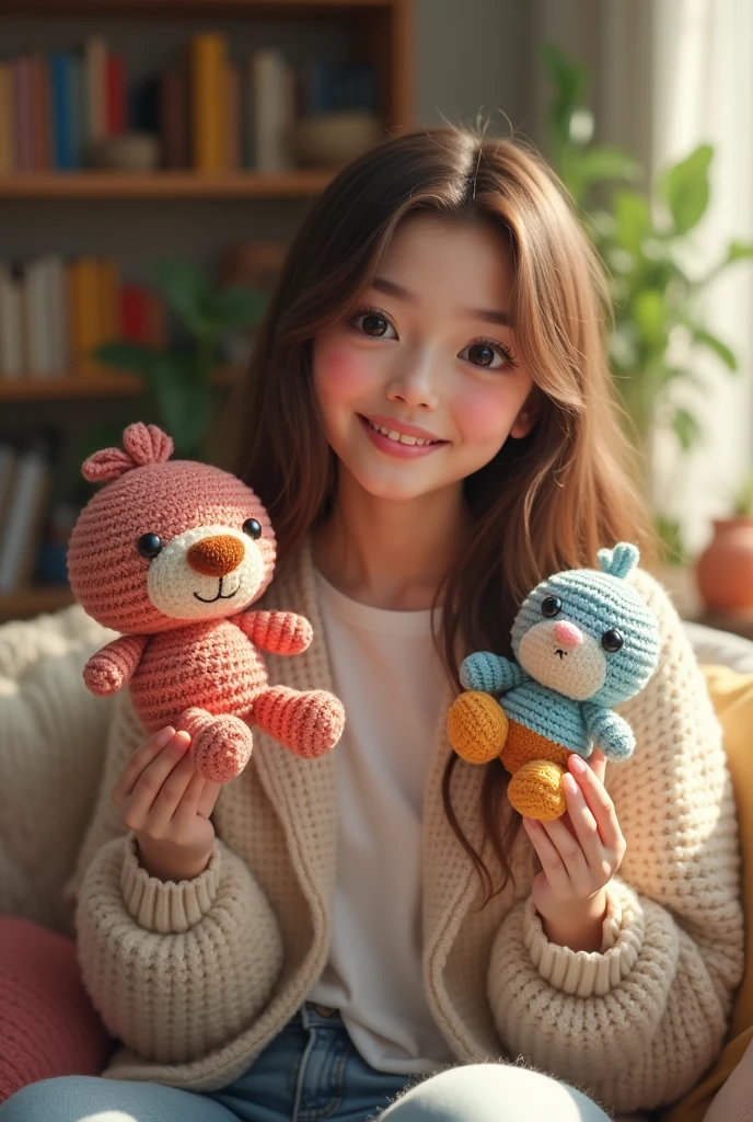 Image of a smiling young woman showing her amigurumi knitting at home