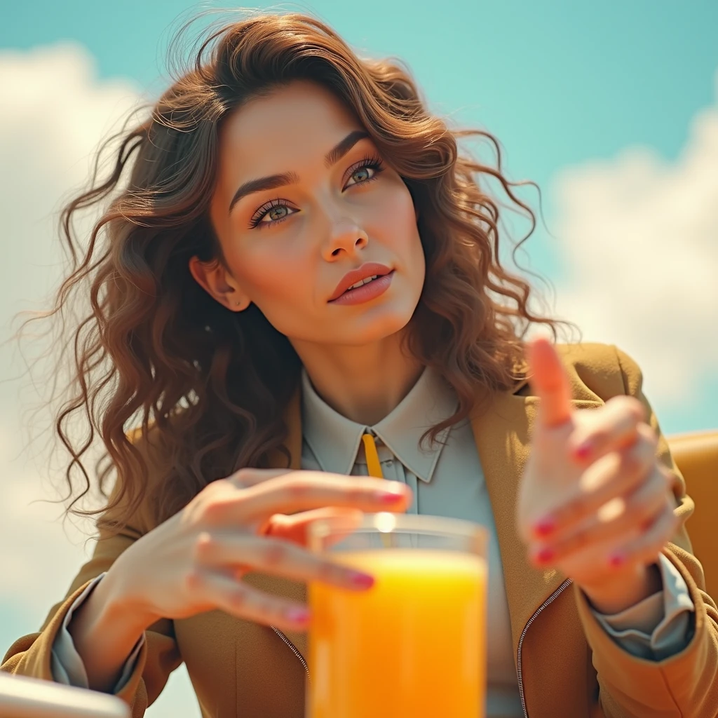(photorealism:1.2), beautiful woman, curly hair, at a business deal, formal clothes, classy, relaxed pose, realistic, intricate details, warm colors