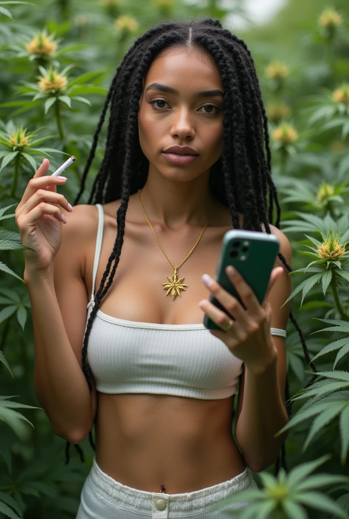 A Brazilian trans woman in a ????????? plantation ,exuberante, wearing a snow white tights ,, with a close-up capturing the beauty ,no neckline in the dress harmonious between the face and the breasts and the natural flowers, showing off your natural charm and outgoing personality, holding cell phone, holding a joint ,with a gold necklace with a marijuana leaf pendant,with dred's hair, white skin color,with medium chest