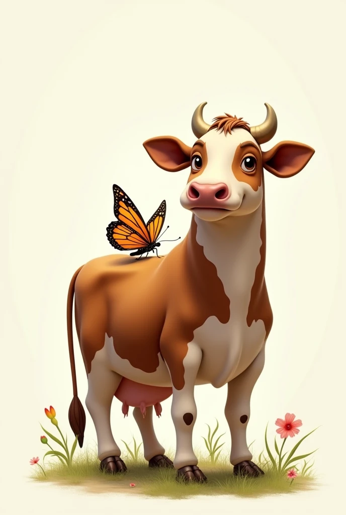 Create an animated image to cut out where a butterfly is accented on a cow that is to be cut out that has color that looks like a drawing of the animals that looks like a half-real drawing that the cow is standing so that it looks more real