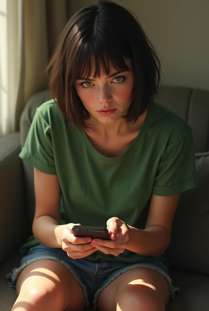 -High quality- -masterpiece- A beautiful, very pretty woman, with short dark brown hair, freckles, green eyes, dressed in a green t-shirt, short jean pants, sitting on the couch, serious expression , using the cell phone
