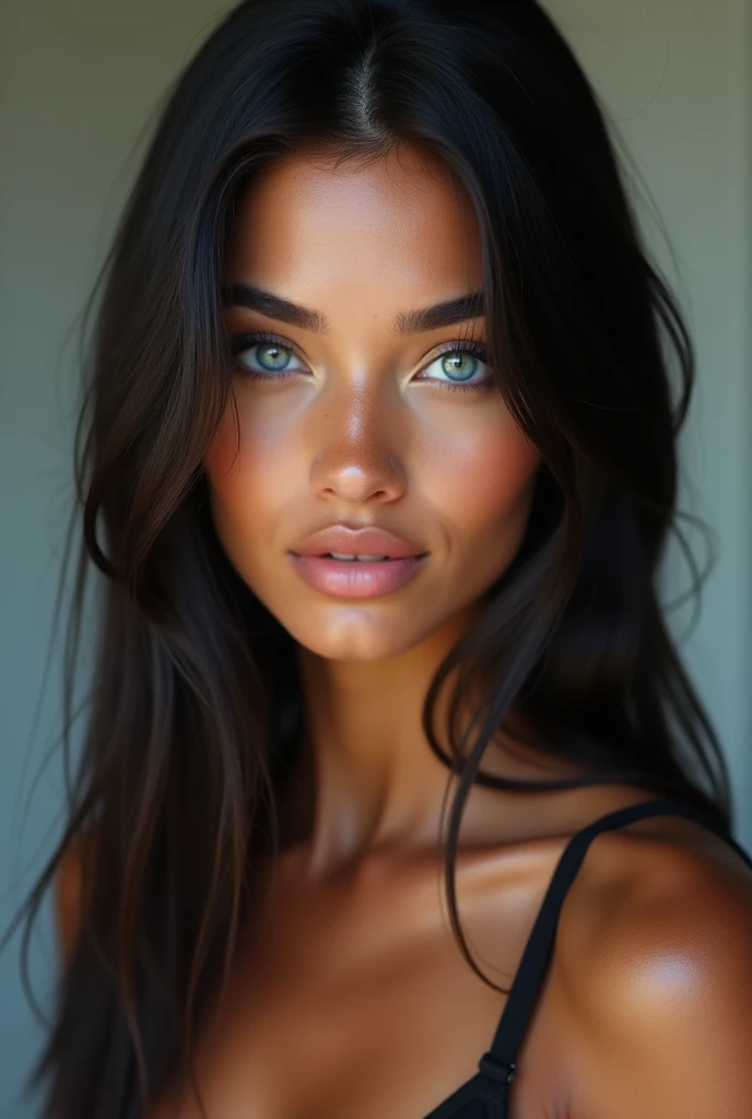 transgender woman blue eyes black hair straight tanned 