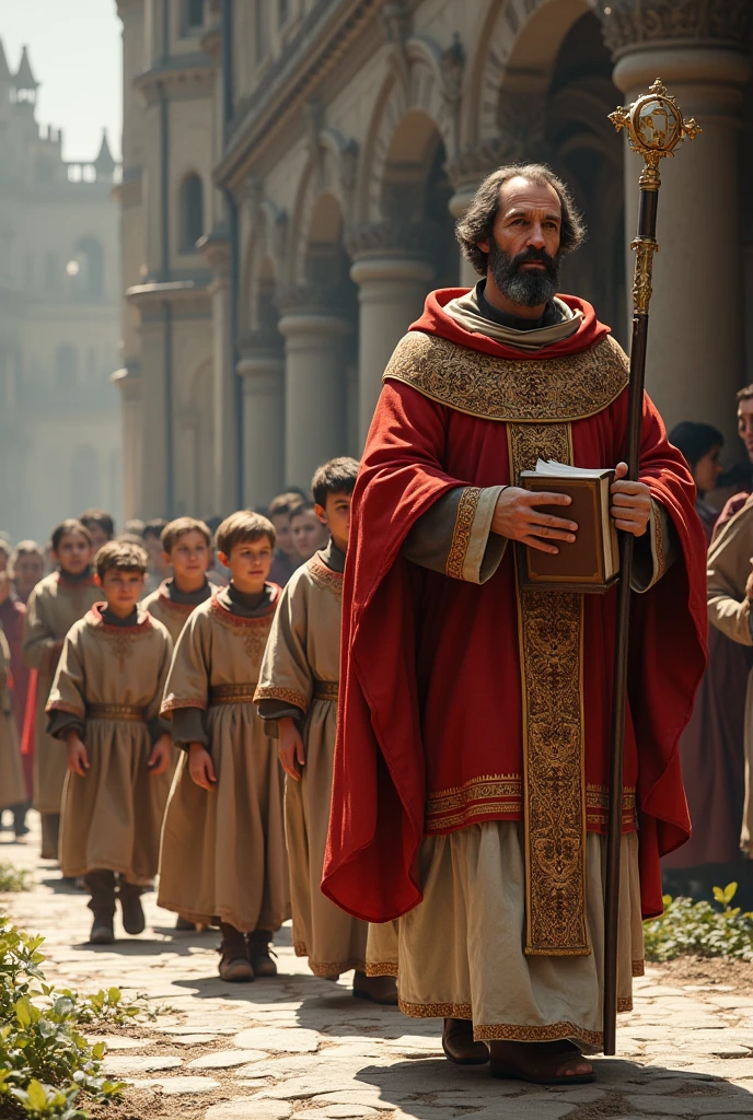 a parish of Saint Anne of Glew facing the saint Saint Tarcisius walking to the right with 5 altar boys but walking in front of the parish

