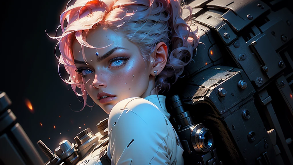 A very beautiful female gaming character, standing in aggressive pose, very pretty girl, with proud looks, heavy fire in the background, blue eyes, pretty red lips, white face, ultra high definition, awesome clothing, gorgeous, classy, medium-short length hair, high pony. Wallpaper, HD Detail, Wet Watermark, Hyperdetail, Cinematic, Surrealism, Soft Light, Deep Field Focus Bokeh, Ray Tracing, Diffusion (Ultrafine Glass Reflection) and Surrealism.
