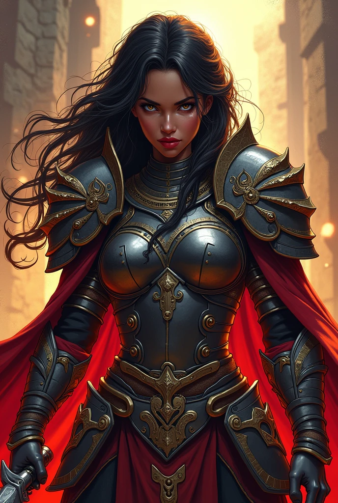 traditional comic art, d&d, black female, loose and wavy hair, heavy armor, elsword, Elmo, Two-tone lighting, hight contrast, dramatic light and shadow, dramatic features, color palette Vibrantes, detailed illustration