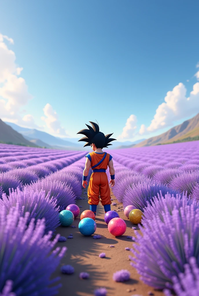 A lavender field with Goku and the Dragon Balls