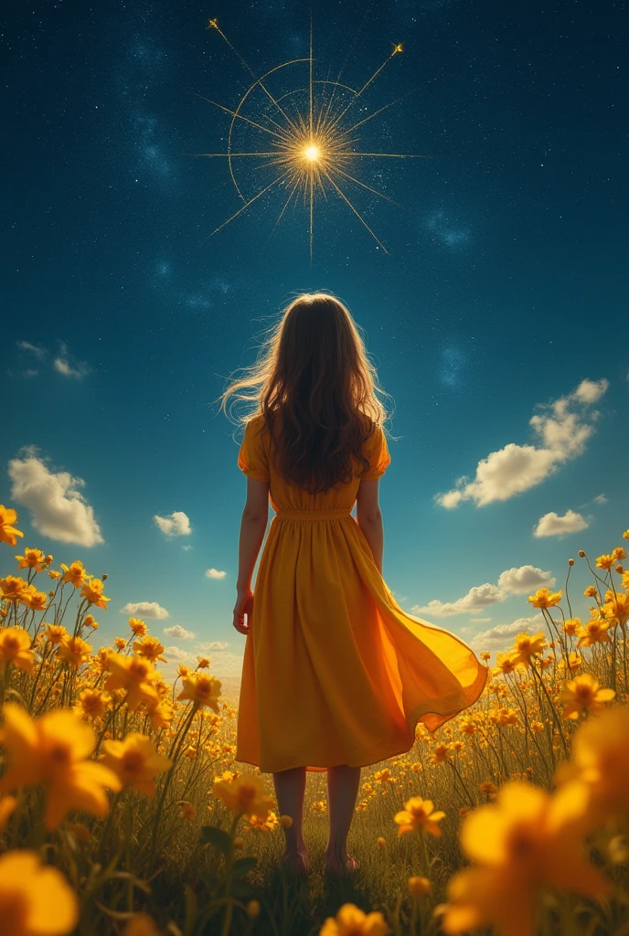 girl with her back turned looks at the starry sky over a field of yellow orchids, in the sky the stars form the symbol of the sign Virgo,  girl wears amber colored dress that is fluttered by the breeze of the wind