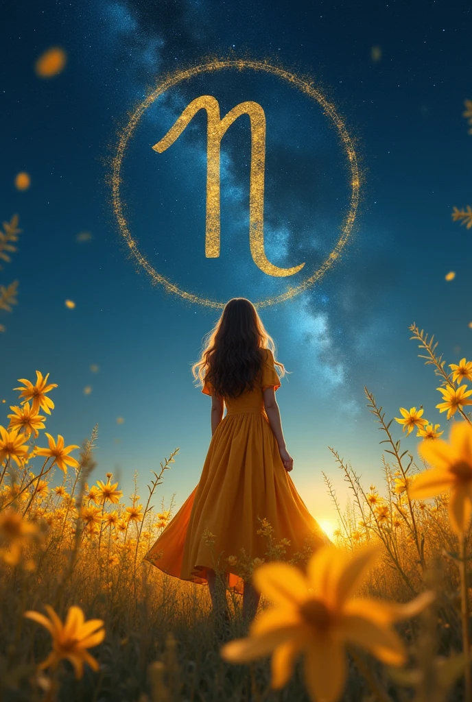 girl with her back turned looks at the starry sky over a field of yellow orchids, in the sky the stars form the symbol of the sign Virgo,  girl wears amber colored dress that is fluttered by the breeze of the wind