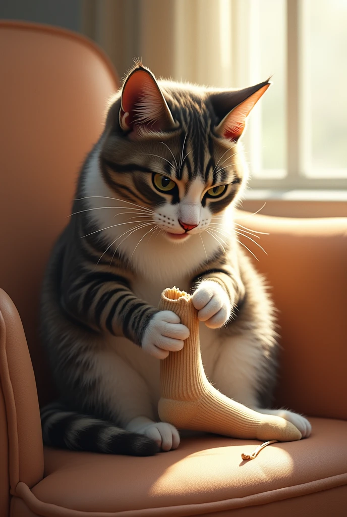 The cat uses his sock to clean himself