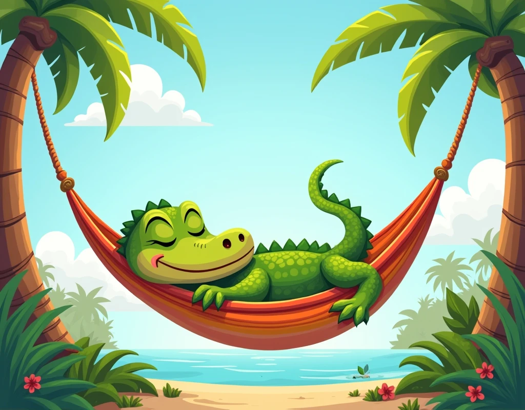 alligator lying sleeping in hammock, cartoon image