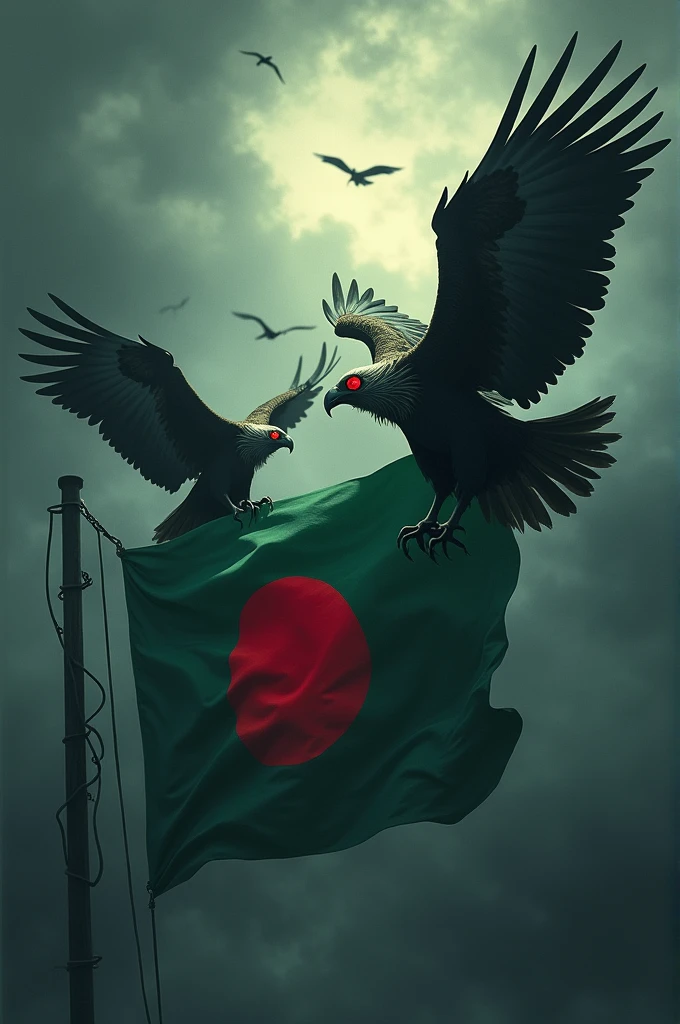 A Bangladeshi flag flying in the black sky holding up by many angel like teenage and many dirty witch and demons like character with long sharp pointed nails want to hold it down