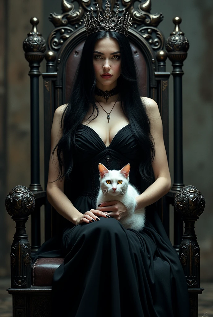 (full body shot:1.3) woman in a black dress sitting on a throne with a crown, an elegant gothic princess, gothic princess portrait, beautiful vampire female queen, gothic regal, dark goth queen with yellow eyes, black long hair, medieval dark fantasy, sitting on intricate throne, wearing a gothic dress, beautiful elegant demon queen, lovely dark autumn princess, a beautiful fantasy empress, beautiful vampire queen. White cat sitting on her lap.