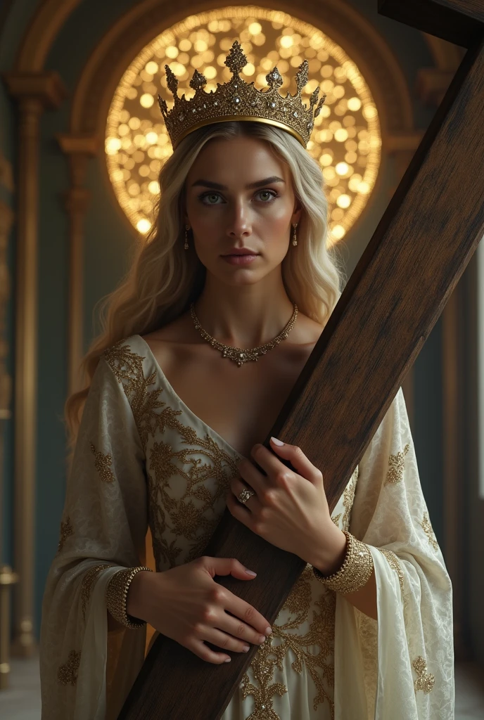 cinematic image, realisitic, high resolution of a dark blonde haired woman, with a queen&#39;s crown, queen dress, hugging a large wooden cross, with a saint&#39;s halo, expression of mercy