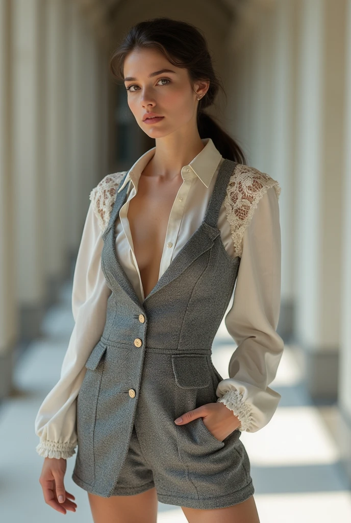 European female model wearing short silver tweed dress with lace blouse underneath and bow 