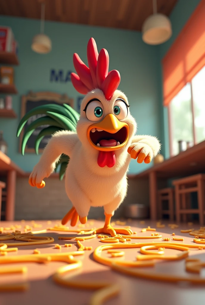 A 3d anime rooster, of a rooster running from a package of spaghetti noodles.
Written:
MADUREIRA RESTAURANT 

