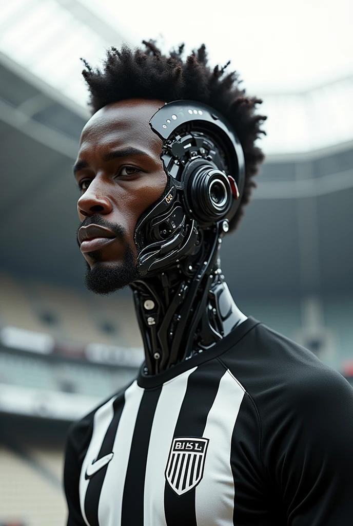 Create an image of a cyborg young man, Afro-Portuguese descent cyborg man, part of your face will be a machine, man looking to camera, hyperrealistic, intricate cyberpunk robot, art by moon crypto wow and popular science, in İstanbul, Besiktas, Besiktas Stadium background, Black White Stripped shirt, full body shot