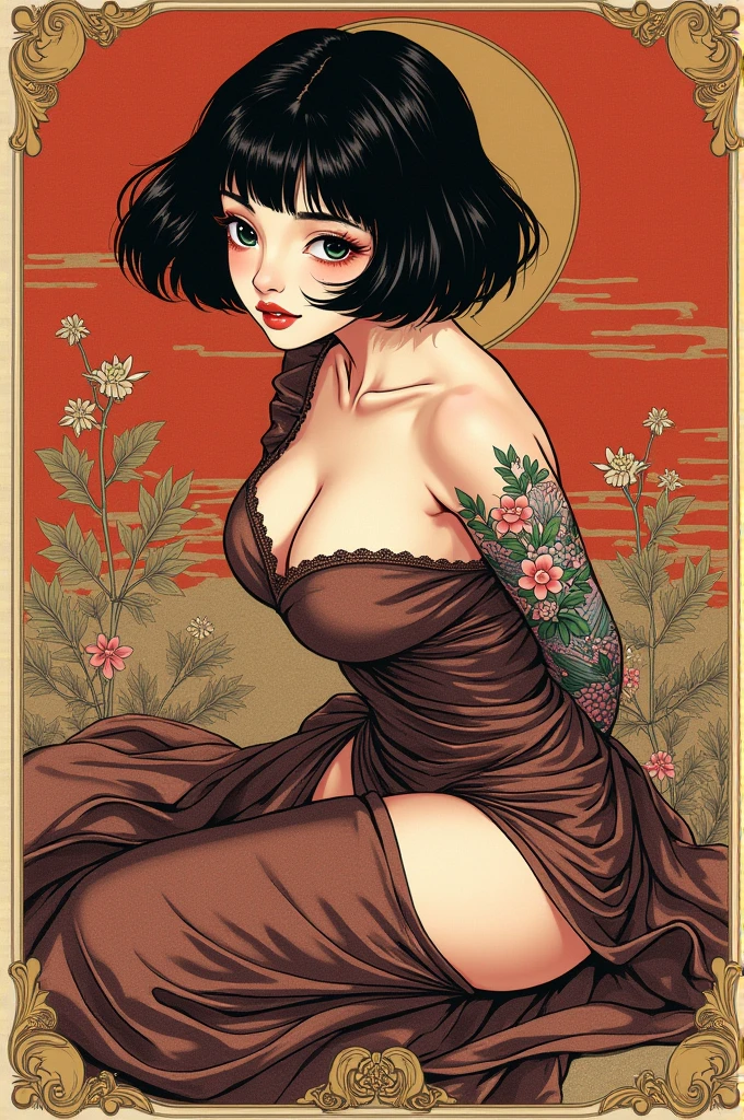 ((best quality)), ((masterpiece)), (detailed), ((perfect face)), surreal, ((art nouveau)), in the illustrative style of moebius, sparrows, fantasy, ethereal, gold border, graphic novel, line drawing, japanese, traditional, vintage, elegant, chic, sophisticated, tattooed body, vibrant pinks, stark blacks, gold details, (((elegant erotic beautiful japanese girl))), big breasts, ((black hair)), maxi dress, intricate details, delicate facial features, beautiful black eyes, ulzzang, long eyelashes, small nose, full lips, porcelain skin, natural lighting, warm color palette, chiaroscuro lighting, dramatic shadows, sensual, alluring, mature themes, artistic, dreamlike, ethereal, ((arms behind back)), thigh highs, ((white panties)), sideboob, cleavage, looking at viewer, ulzzang, (black eyes), sitting, legs spread open, sexy, submissive, erotic, 