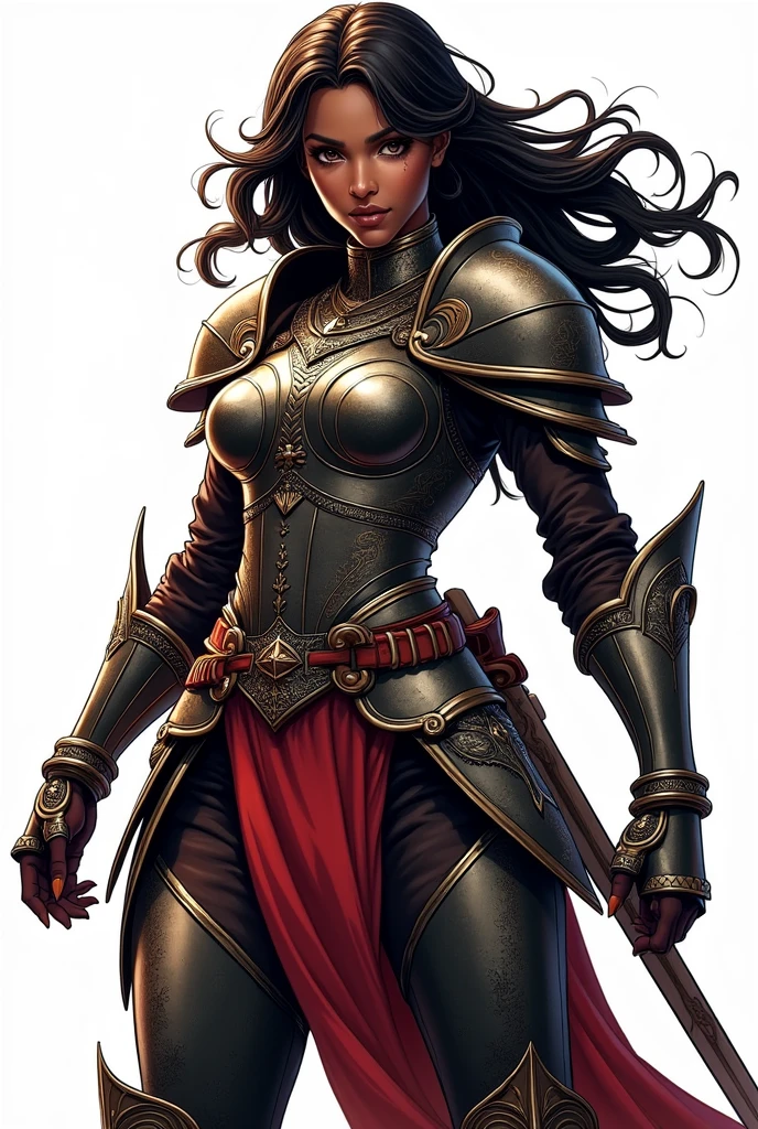 traditional comic art, d&d, black female, loose and wavy hair, heavy armor, elsword, Elmo, Two-tone lighting, hight contrast, dramatic light and shadow, dramatic features, color palette Vibrantes, white background
