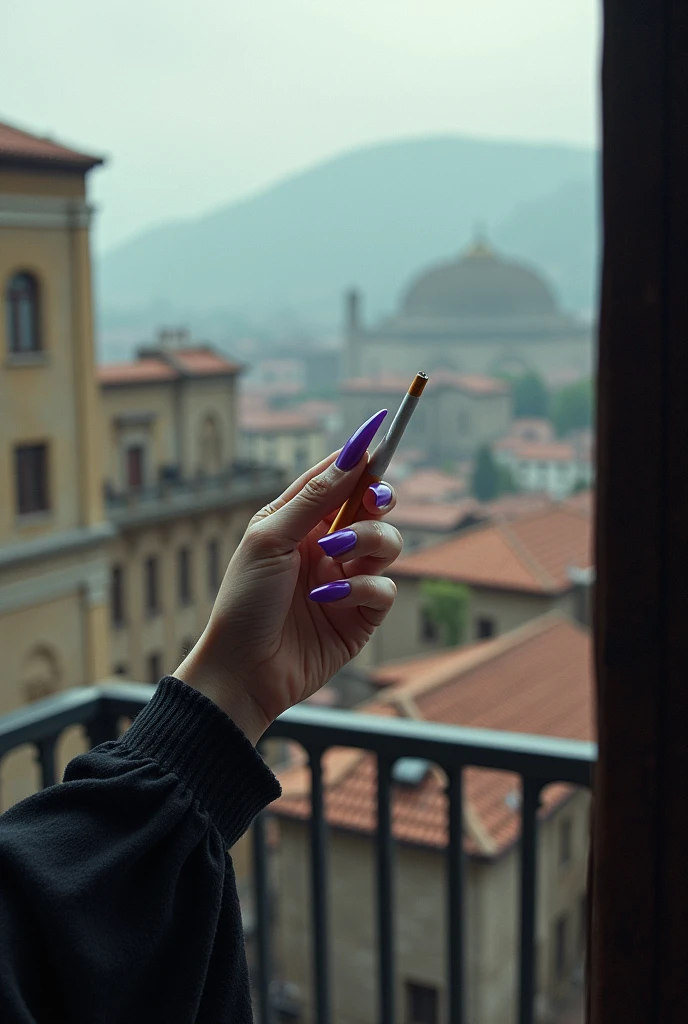 A view from a balcony at an Armenian city, with a visible female hand with long, violet nails holding a half-smoked cigarette.
