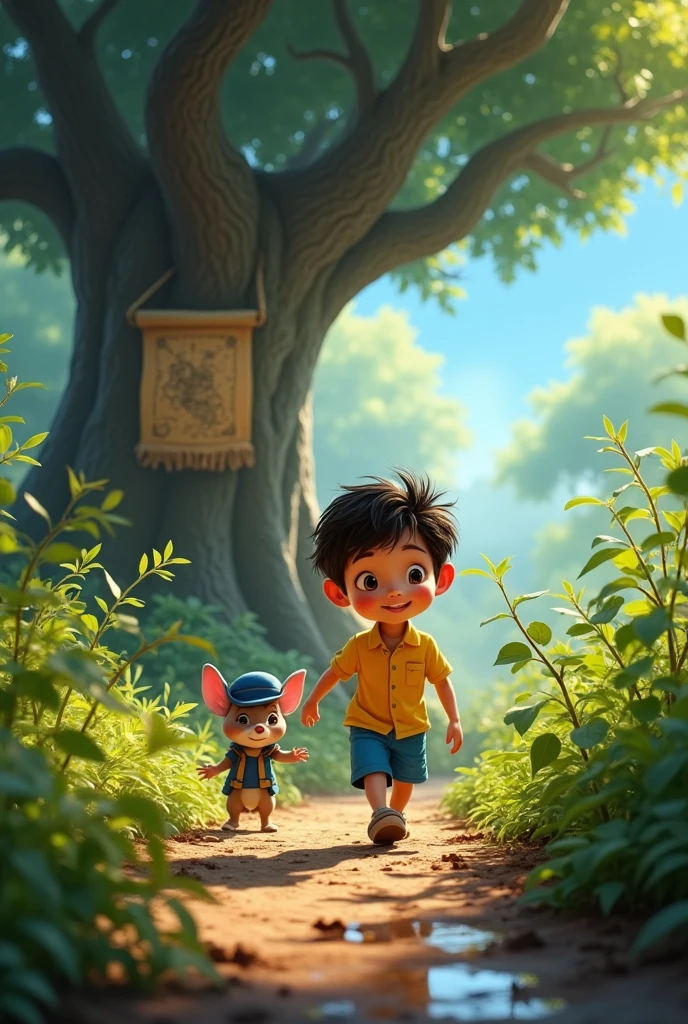 Show Léo and Remy exploring the garden, following a mysterious path. Léo, still wearing his yellow shirt and blue shorts, is carefully navigating through muddy puddles and thorny bushes, with Remy (( the mause)), in his blue hat, leading the way. In the background is a large, ancient tree with a hidden map etched into a leaf on its trunk.