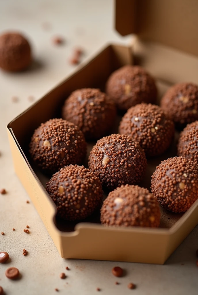 Draw a picture of several brigadeiros in a box the size of a pizza box with the words written on top "sweets from aunt cutie"