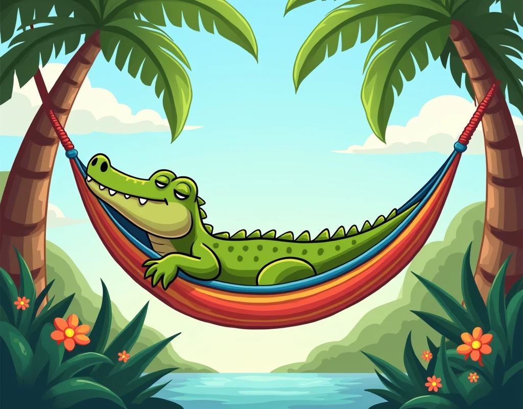 alligator lying sleeping in hammock, cartoon image