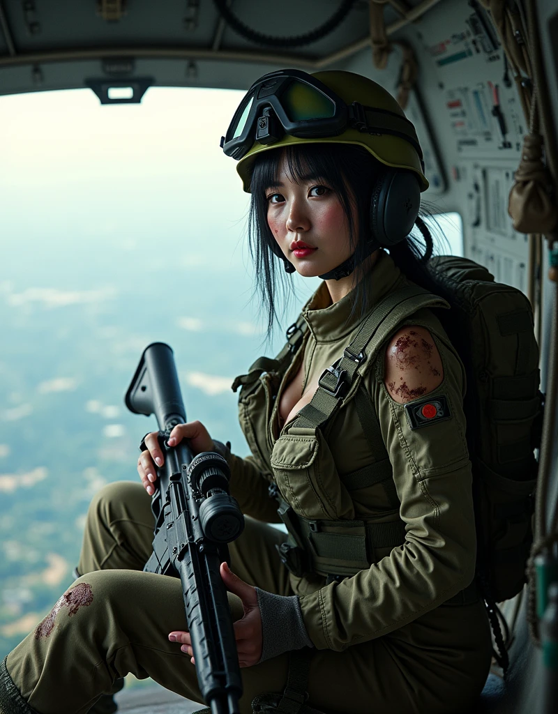 Photo-realistic, ultra-realistic, (very beautiful Japanese, famous Japanese idol:1.3), (Fully equipped for battle:1.5), large assault rifle on her back, (Experienced army paratroopers:1.5),(Sitting in the cargo bay of a large Army transport plane for an Army skydiving mission:1.5), (painful impressions, crying:1.3), (wearing an army paratrooper's Camouflage outfits with military helmet:1.5), very large breasts, (tactical vest, military harness:1.3), (military long boots:1), amazing view in the plane, acrobatic pose, dynamic angle, spectacular, (injured:1.3), (muddied, damaged wears, damaged body:1.3),