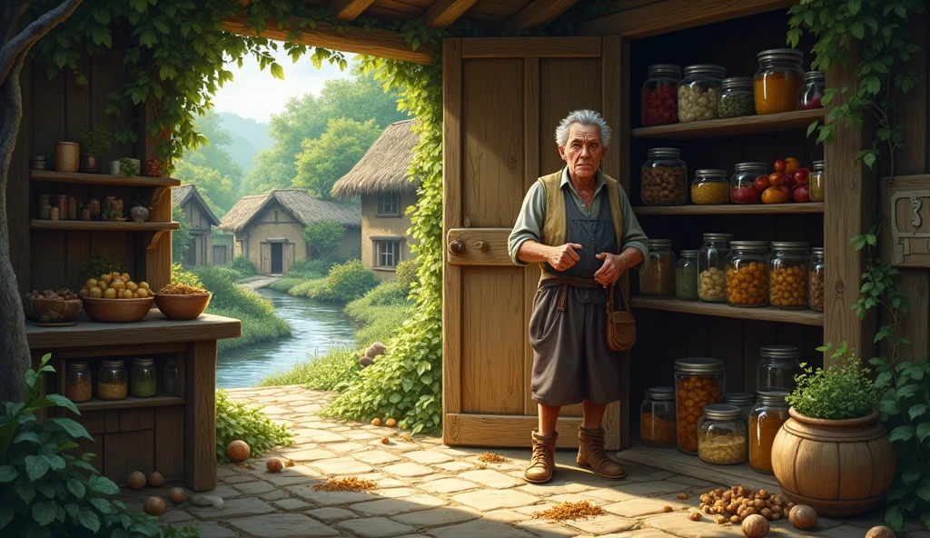 A small village nestled deep within an enchanted forest, where all the inhabitants lived happily and shared their food. Lately, however, something strange has been happening. Food has been mysteriously vanishing from people's homes. Create a scene where a villager discovers their pantry empty and begins to suspect something is amiss.