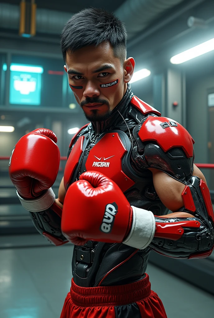 Generate a man boxer red gloves cybord body.
Face: like Manny Pacquiao With clear and not hidden print "PAMAGAN".
