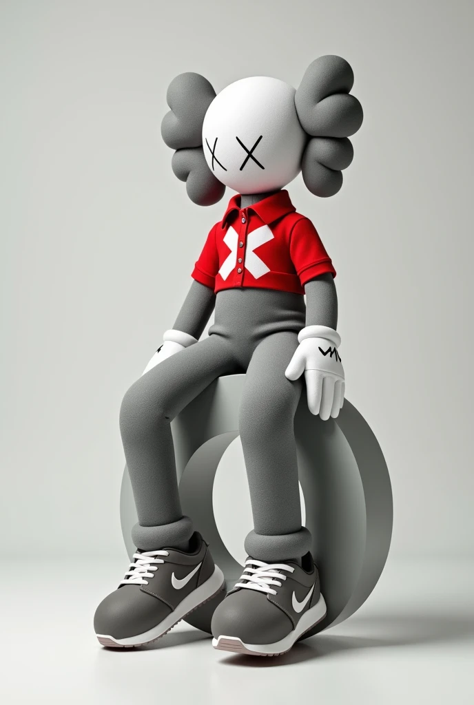 A shot of a gray Kaws style plushie of a seated figure with one leg raised. The figure is sitting sideways and has a large X on the chest. He is dressed in a red and white polo shirt and a pair of Nike sneakers. The background is simple. Sentado encima de la letra "o"mirando hacia la izquierda en posición de lado elegante 