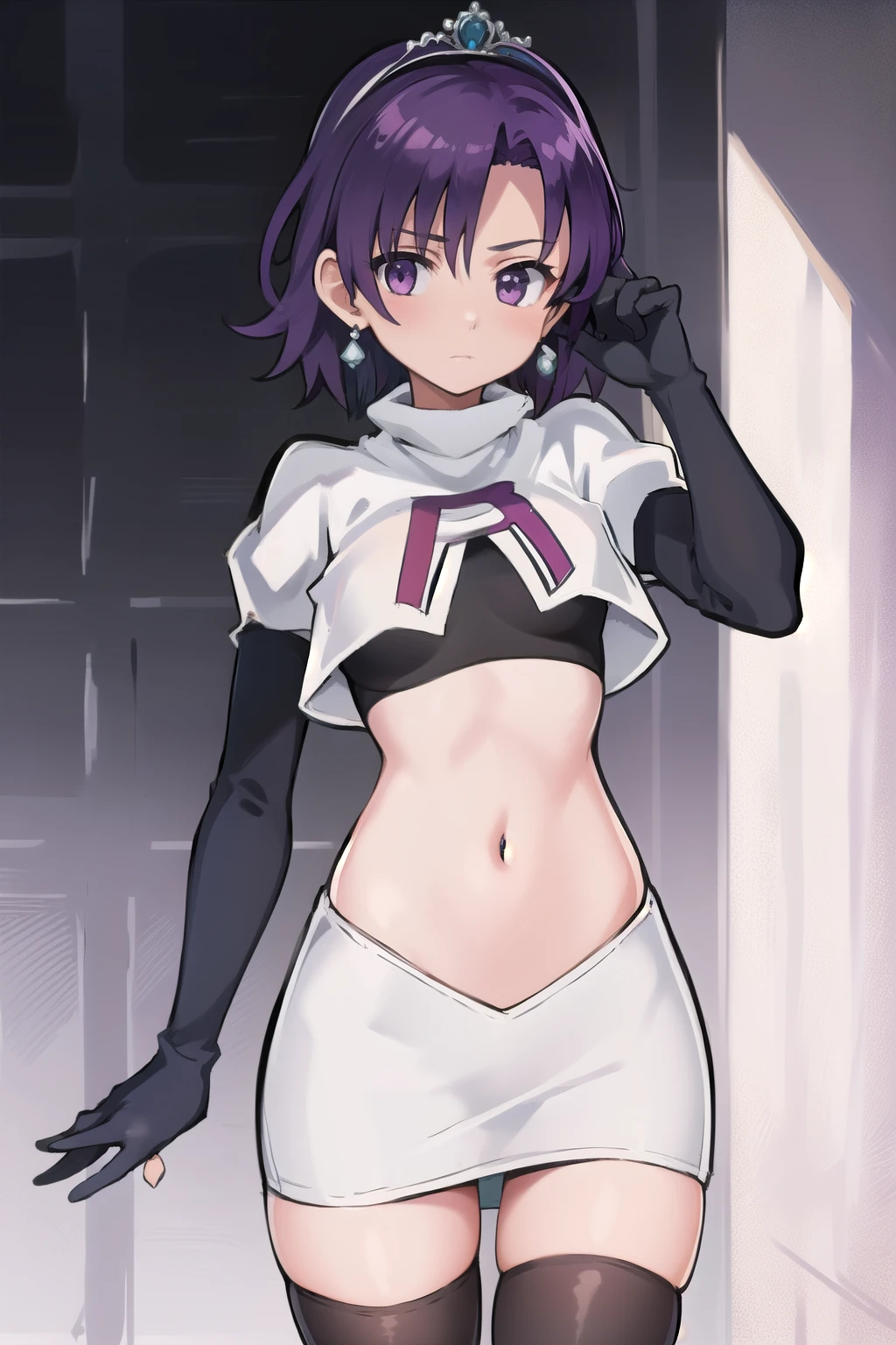 best quality, (masterpiece:1.2), illustration, absurdres,
(1girl, solo), (beautiful detailed girl),
Klaudia von Auslese, purple_hair, short_hair, purple_eyes, small_breasts, timid, (shy:0.8),
jewelry, earrings, silver tiara, team rocket,team rocket uniform,white skirt,red letter R,crop top,black thigh-highs,black elbow gloves, looking at viewer,