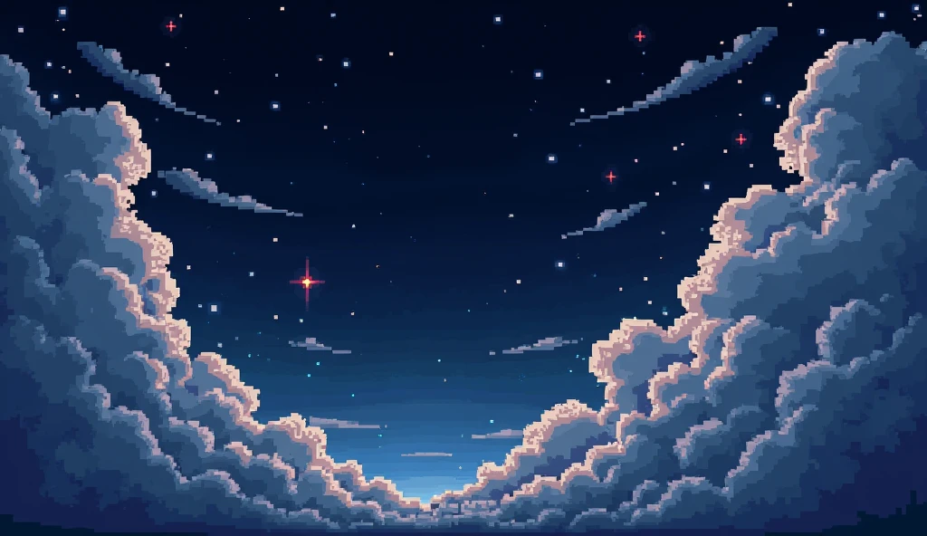 Pixel Art, pixelated, detailed pixel art, pixel art style, pixel art, 8bit, lowres, scanlines, Art lighting, contrast color, photorealistic, detailed, composition, (Pixel art, night, big clouds, star lights)