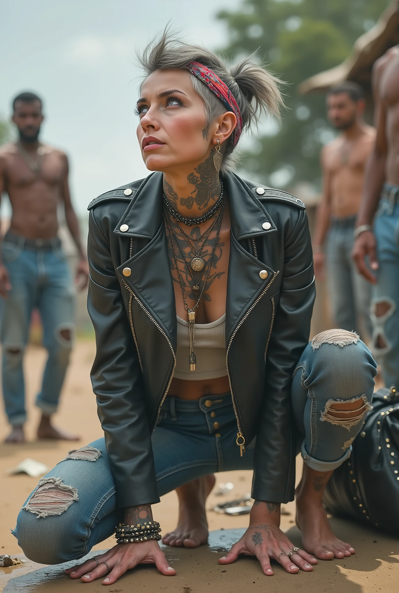 russian milf woman, grey  hair (top bun, shaved sides), colourful bandana as headband, with very light blue eyes, extremely pale skin. Wearing tight aged black moto jacket studded collar) with lots of zippers and pins, flipped up collar. Worn skinny dark blue jeans with patches, wet knees. Barefoot, with bracelets around ankles. Chain around hips like belts. Dirty knees, dirty feet and muddy hands. Wide studded belt. Lots of metallic bracelets, lots of boho pendants and lots of colourful beads collars. Long huge boho. Chains around the hips. Squatting on a puddle with hands on her hips, looking up, chin up, stretching her neck , humble facial expression. Bracelets in ankles and rings in fingers. Black nail polish. studded black leather tote bag with chain on the floor, next to her.. Listening looking up in amazement to somebody speaking to her from the sky, upper teeth visible. Well toned abdominals, thin neck, slim legs and thin arms. Narrow hips Cleavage, stomach, neck, tigh and hands completely covered with tattoos. Dirt street in Kenyan village full of waste. A lot of tanned shirtless fat men in jeans around looking at her. next to her, all her belongings scattered on the floor: tobacco packs, makeup kit, little makeup mirror, studded black leather tote bag, lipstick, wallet, moble etc on the floor