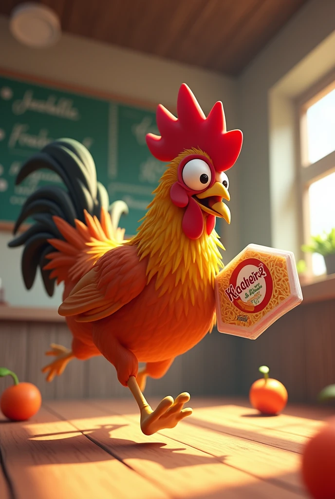 A 3d anime rooster, of a rooster running from a package of spaghetti noodles.
Written:
MADUREIRA RESTAURANT