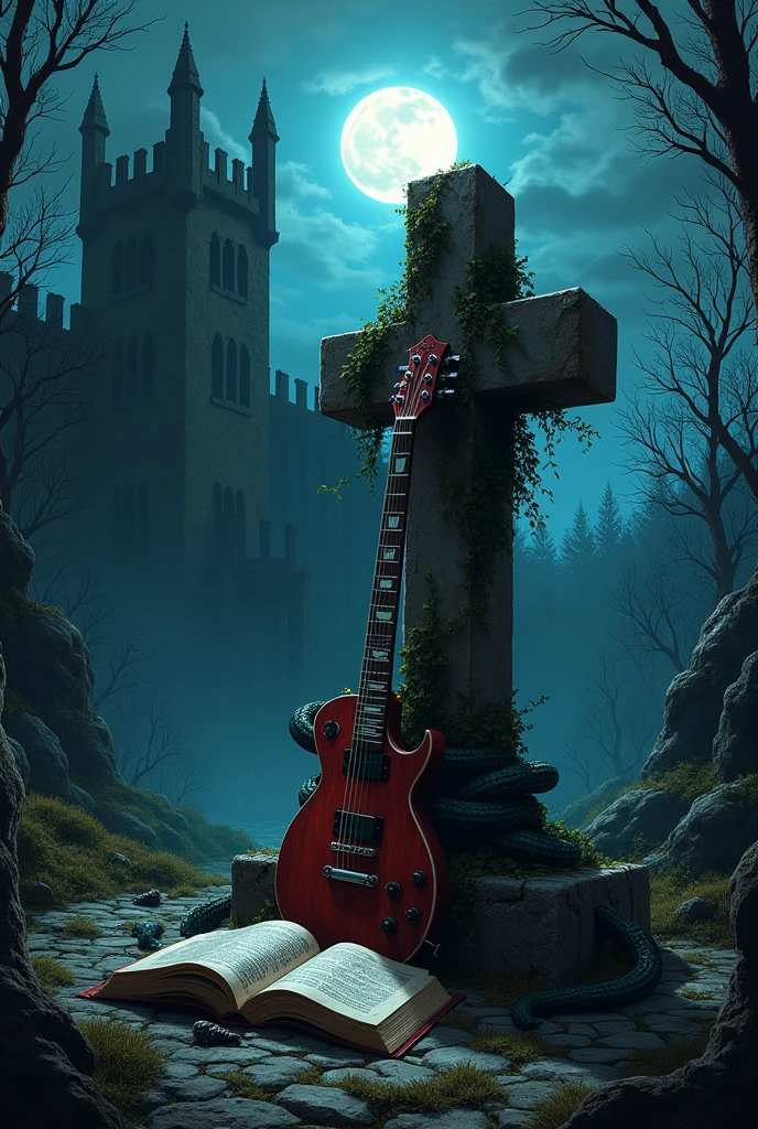 A castle in ruins, with high towers and gothic windows, surrounded by a dark and mysterious forest. The full moon shines in the sky, casting long, sinister shadows on the ground. In the middle, A stone cross stands, covered with ivy and moss, with an electric guitar leaning against it. The guitar strings appear to be like snakes coiling around the cross. At the foot of the cross, an open prayer book, with the pages torn out and scattered around. The atmosphere is gloomy, mysterious and looks realistic