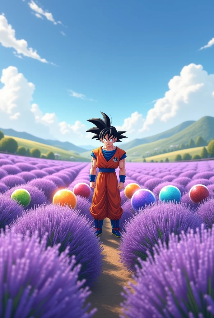 A lavender field with Goku and the Dragon Balls